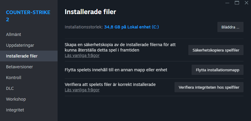 Bilden visar hur du hittar filerna i CS2 inom Steam.